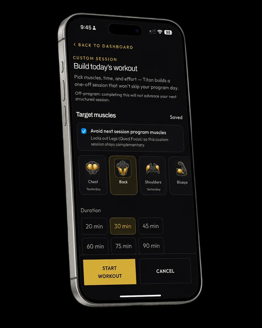 Titan Workout Planner showing a structured training day with exercises and sets